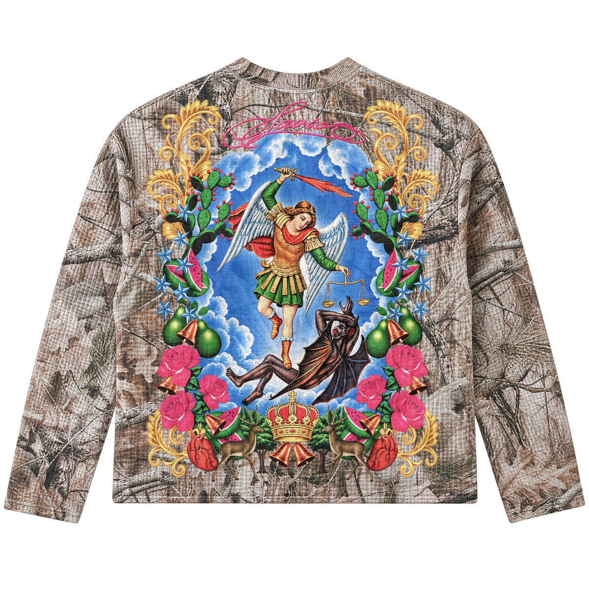 Neniom Pray For Us Camo Waffle Boxy Long Sleeve Thermal Oversized Sweater Graphic Tee Streetwear Y2K