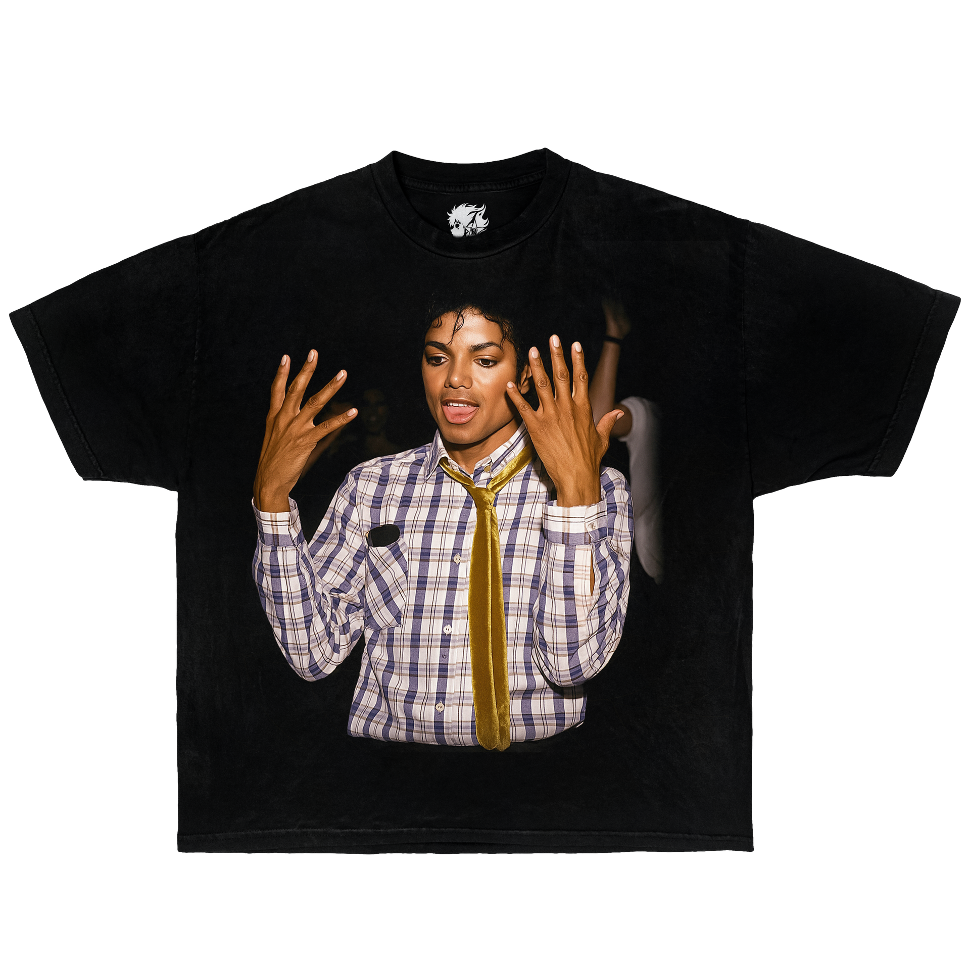 Black t-shirt with a graphic of Michael Jackson in a checkered shirt and bow tie on a white background. Michael jackson graphic t-shirt shirt