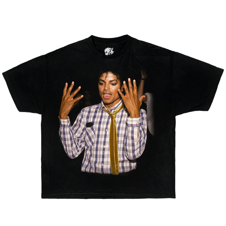 Black t-shirt with a graphic of Michael Jackson in a checkered shirt and bow tie on a white background. Michael jackson graphic t-shirt shirt