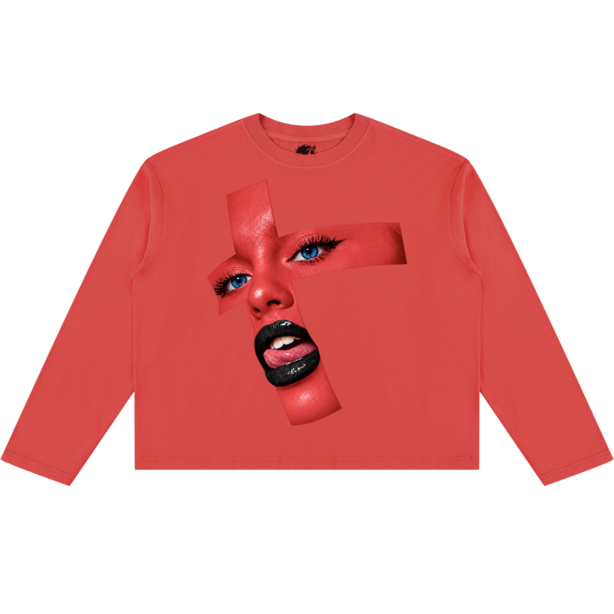 Neniom Cross Face Red Vintage Wash Boxy Long Sleeve Sweater Oversized Sweatshirt Graphic Tee Streetwear Y2K