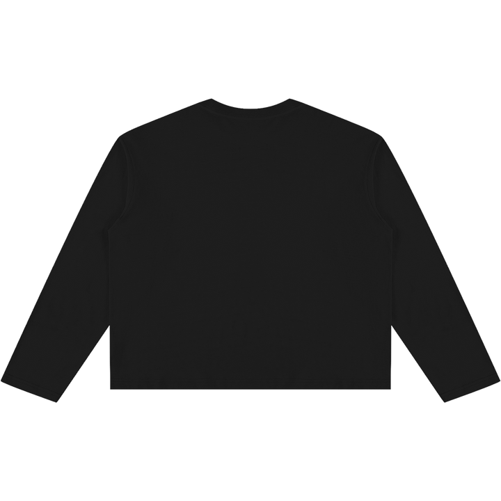 A black long-sleeve crop top shown from the back on a solid white background.