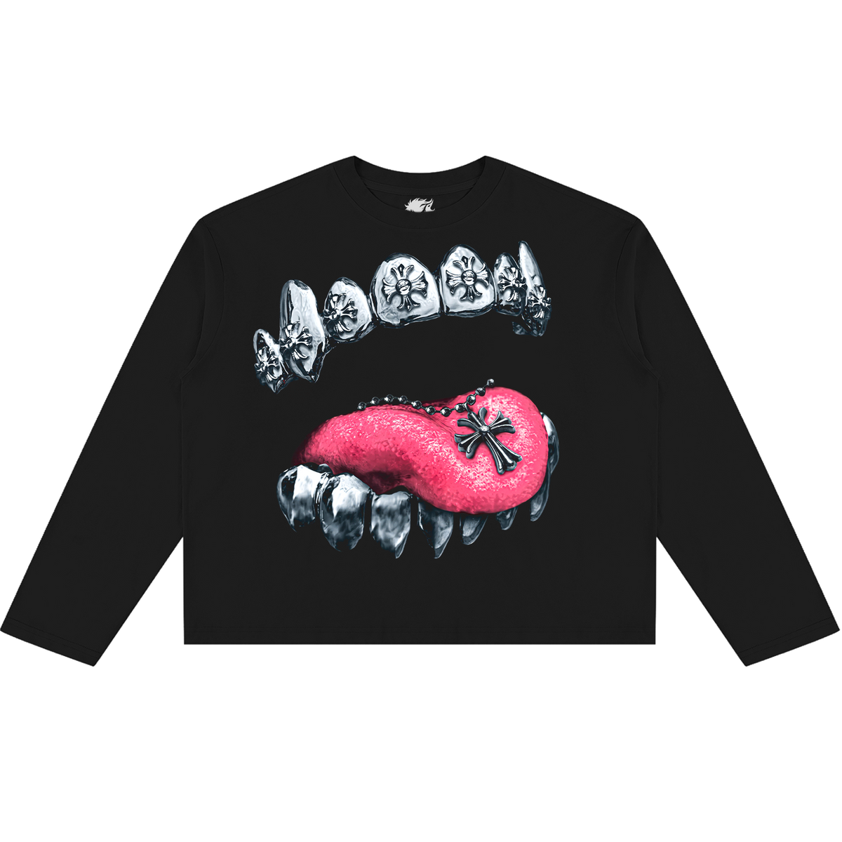chrome hearts grillz tongue mouth y2k oversized vintage washed long sleeve sweatshirt.