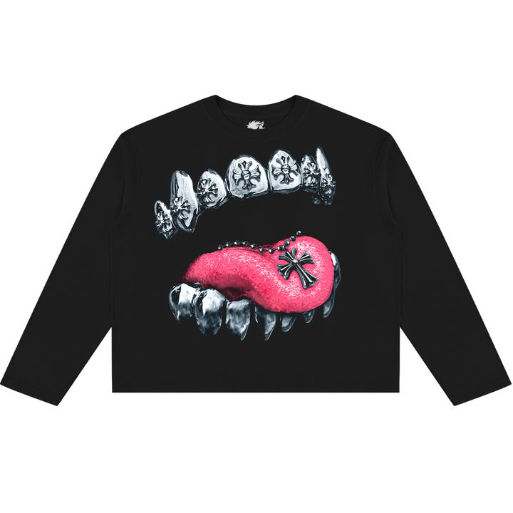 chrome hearts grillz tongue mouth y2k oversized vintage washed long sleeve sweatshirt.