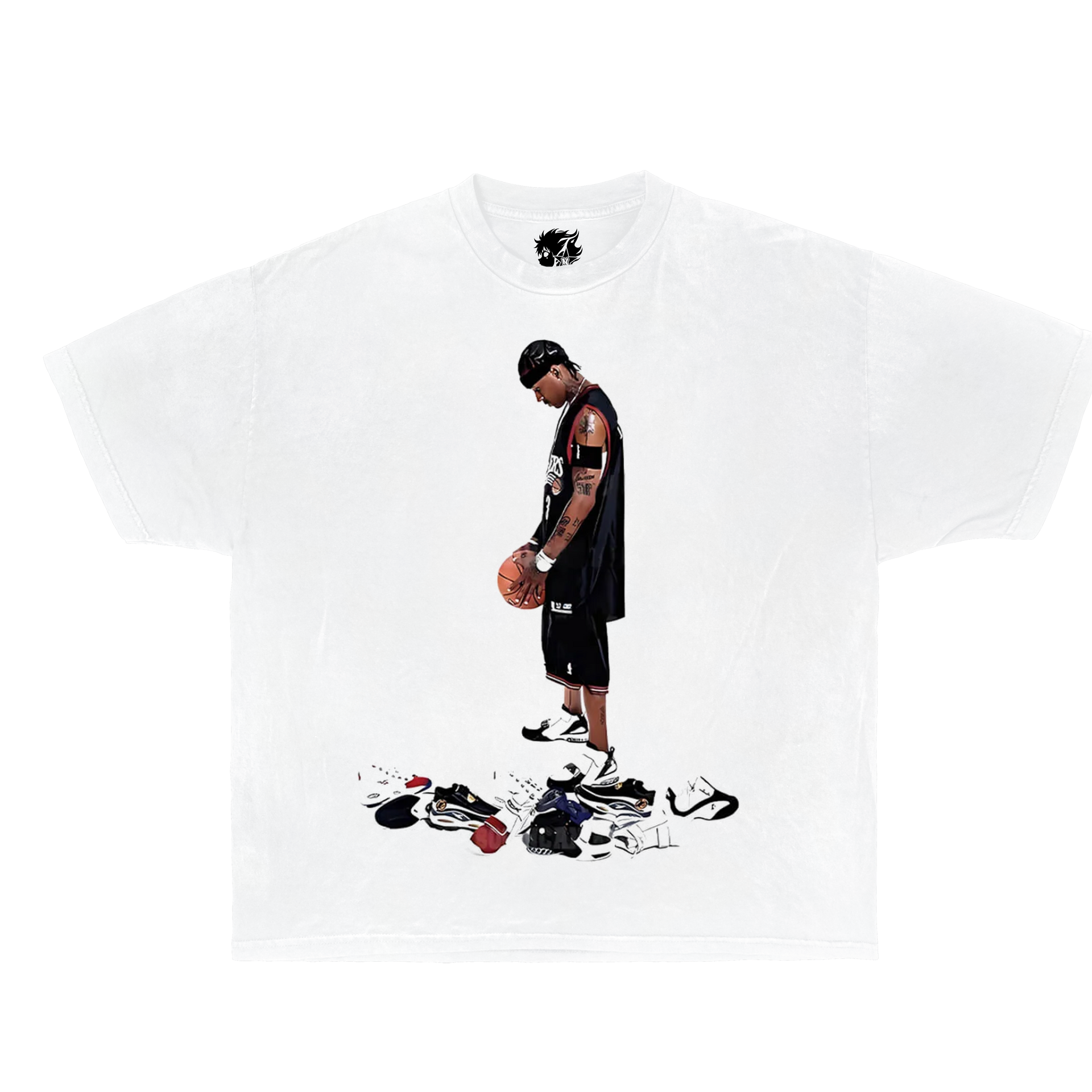 White t-shirt with a graphic of a person holding a basketball and various shoes on a white background. Allen Iverson Vintage oversized boxy shirt looking down at nike shoes.