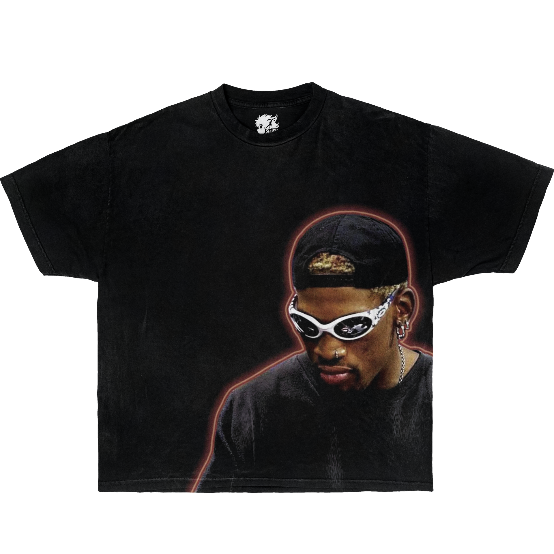 Black vintage oversized boxy shirt of dennis rodman wearing shades. big print graphic tee of dennis rodman