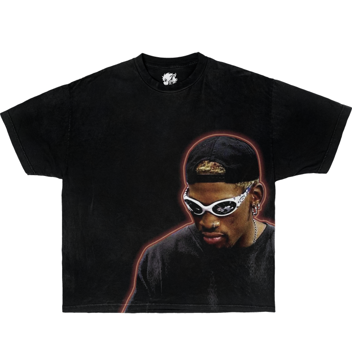 Black vintage oversized boxy shirt of dennis rodman wearing shades. big print graphic tee of dennis rodman