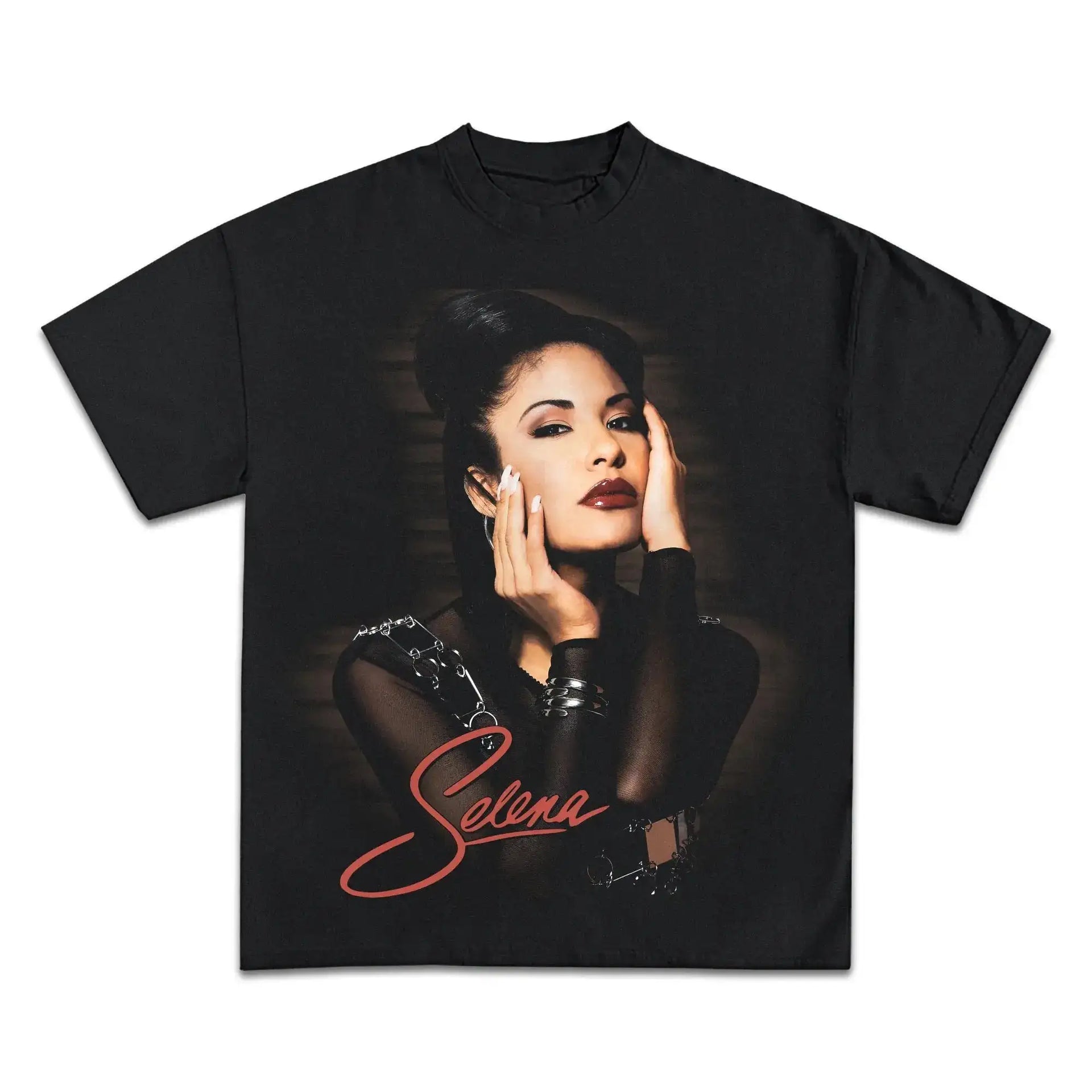 Black t-shirt with a graphic of a woman and 'Selena' text on a white background. SELENA PÉREZ Boxy Vintage Shirt
