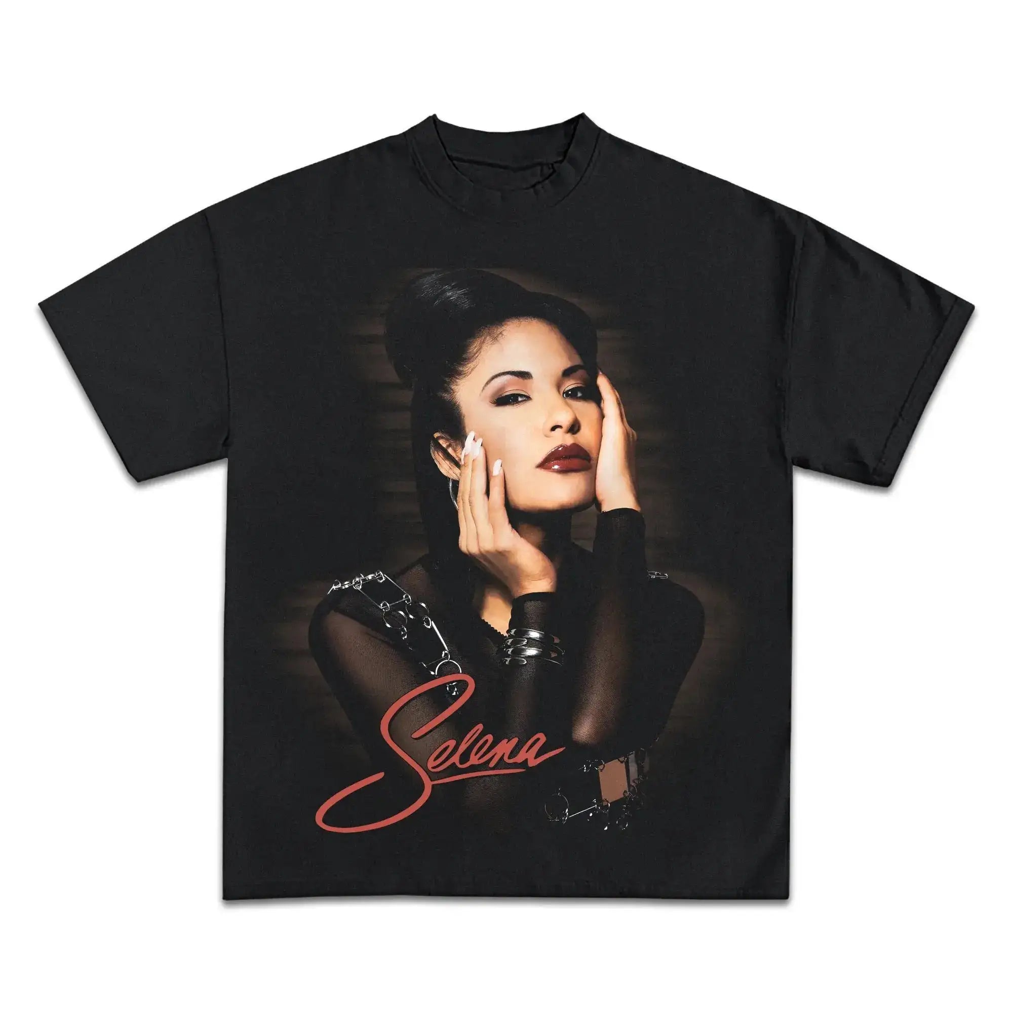 Black t-shirt with a graphic of a woman and 'Selena' text on a white background. SELENA PÉREZ Boxy Vintage Shirt