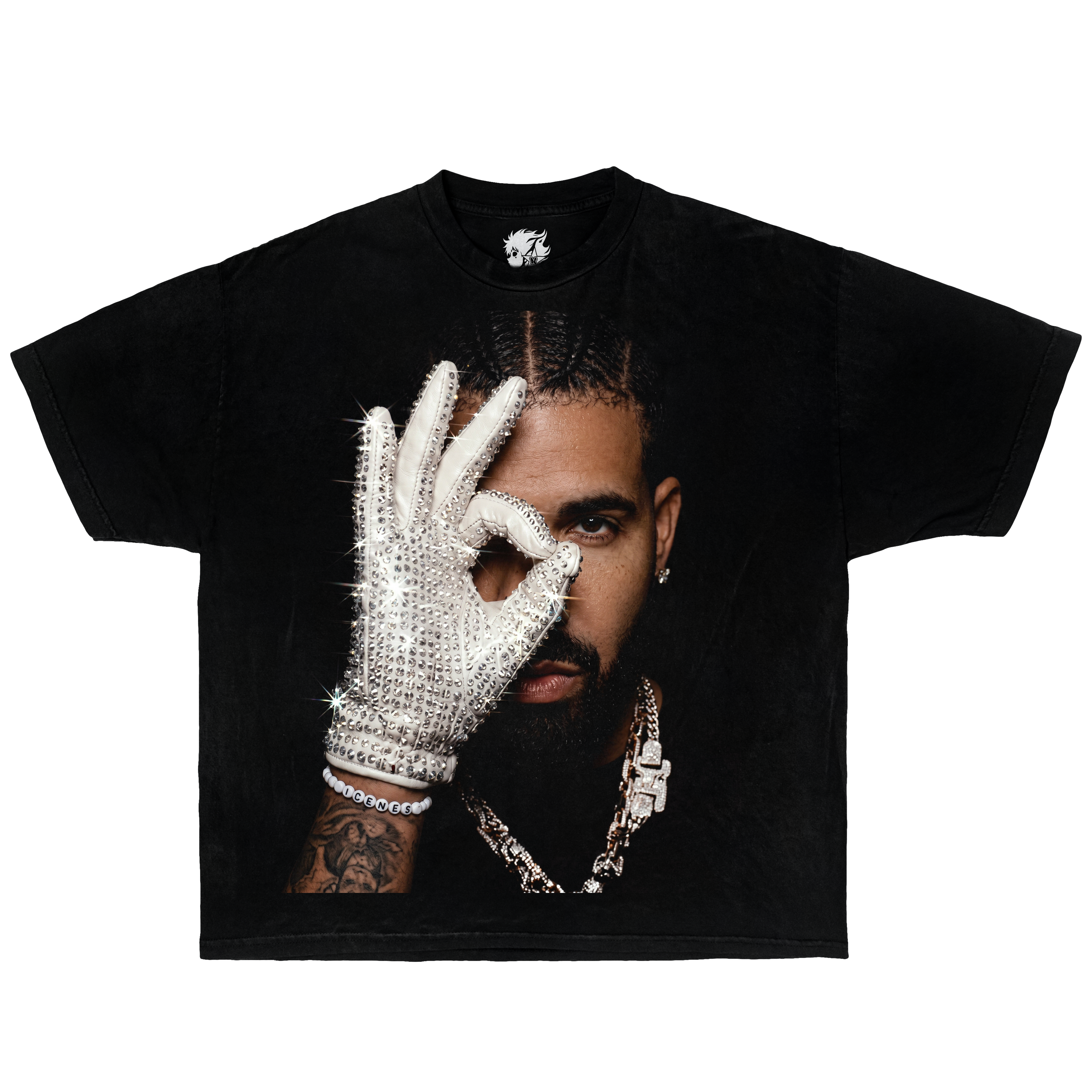 Black t-shirt with a graphic of drake wearing a sequin glove over one eye, on a white background.