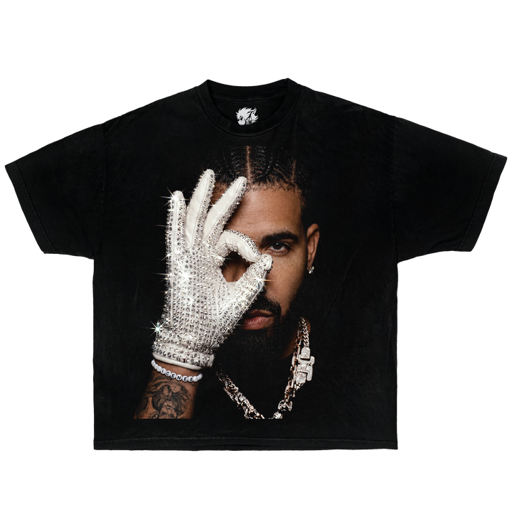 Black t-shirt with a graphic of drake wearing a sequin glove over one eye, on a white background.