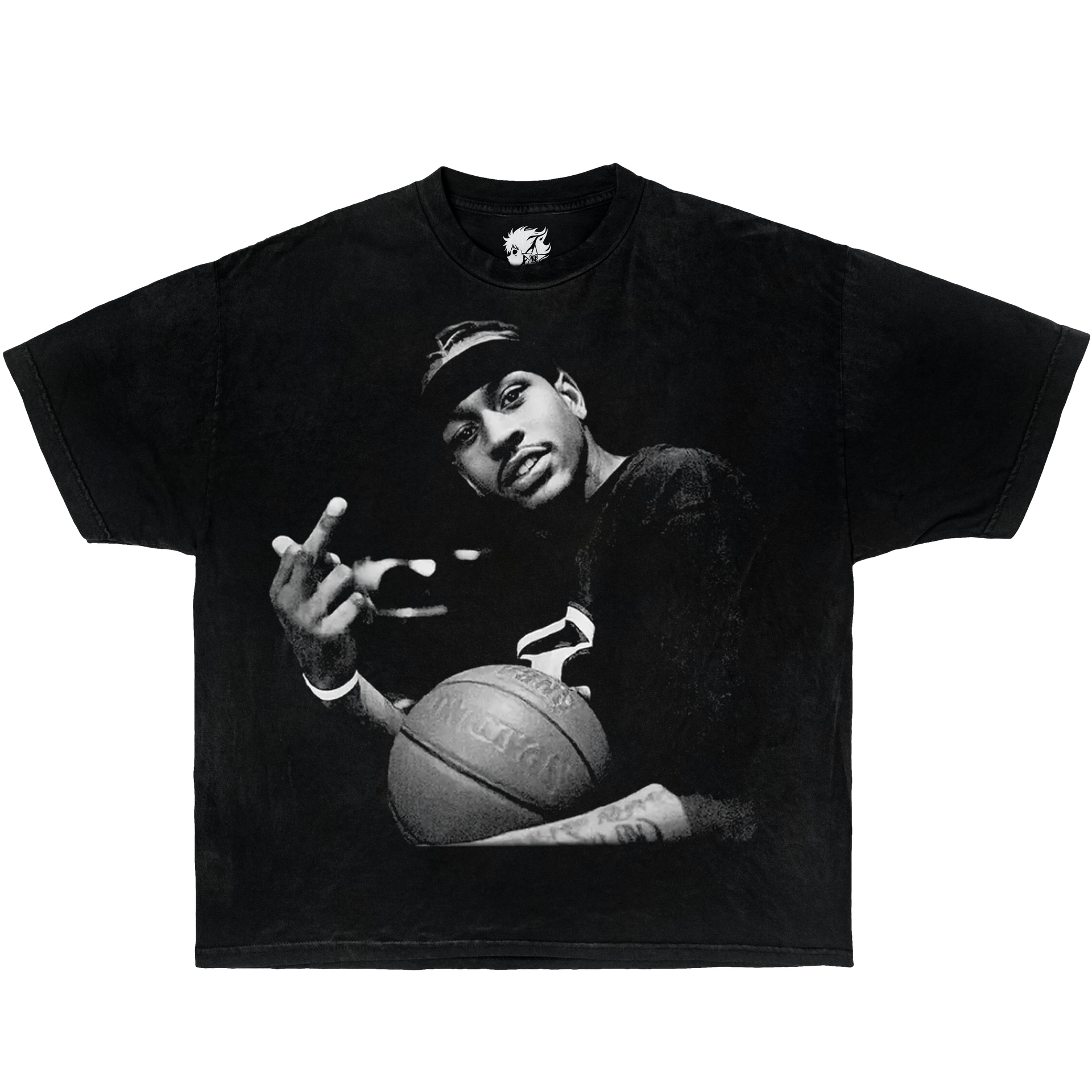 Black Vintage Oversized Boxy Shirt Of Graphic Allen Iverson Middle Finger T-Shirt.