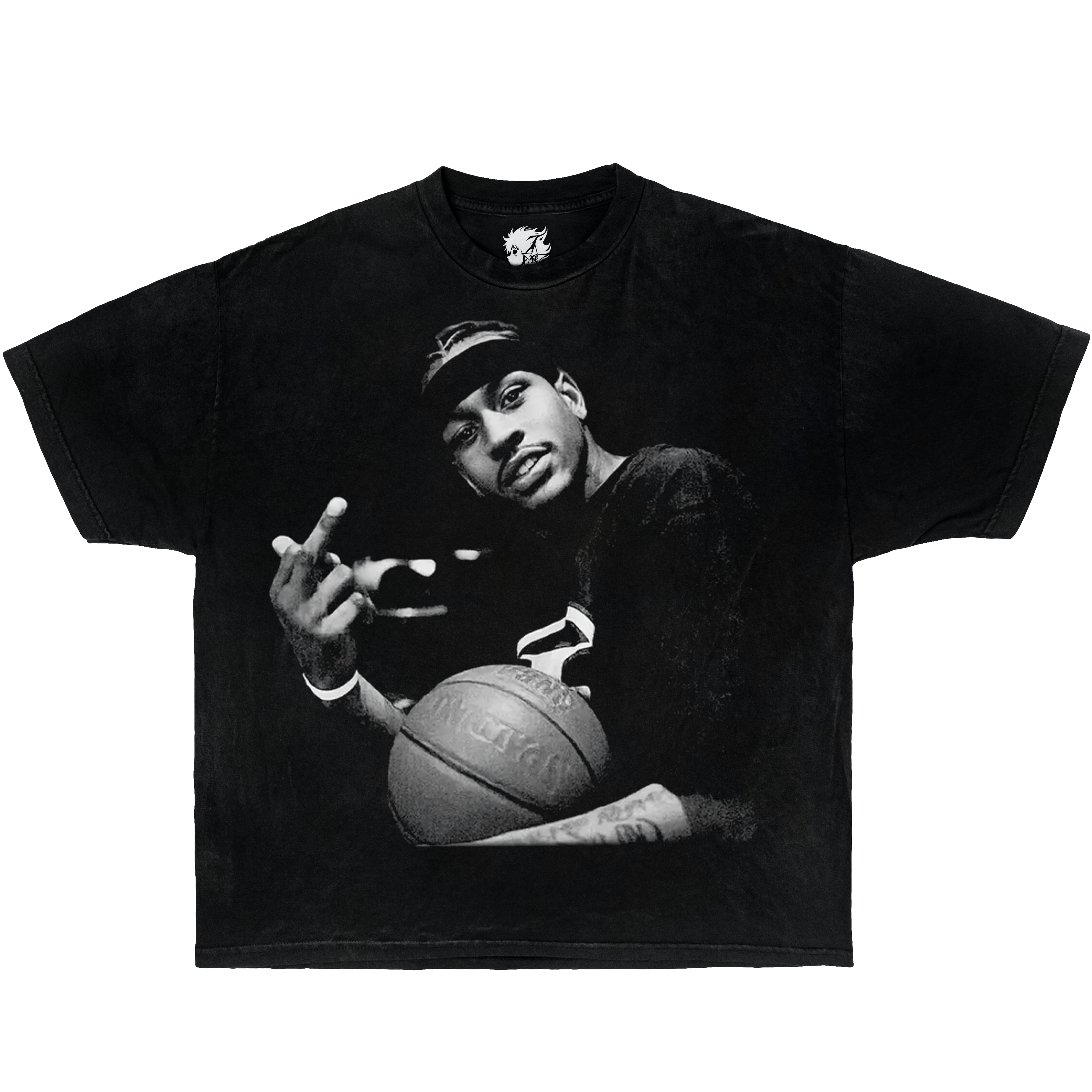 Black Vintage Oversized Boxy Shirt Of Graphic Allen Iverson Middle Finger T-Shirt.