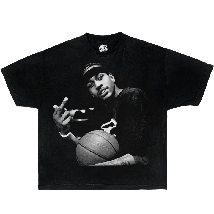 Black Vintage Oversized Boxy Shirt Of Graphic Allen Iverson Middle Finger T-Shirt.