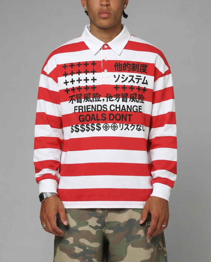 Friends Change, Money Don't Collared Color Block Stripe Polo Shirt Y2K White / Red / Black - Neniom