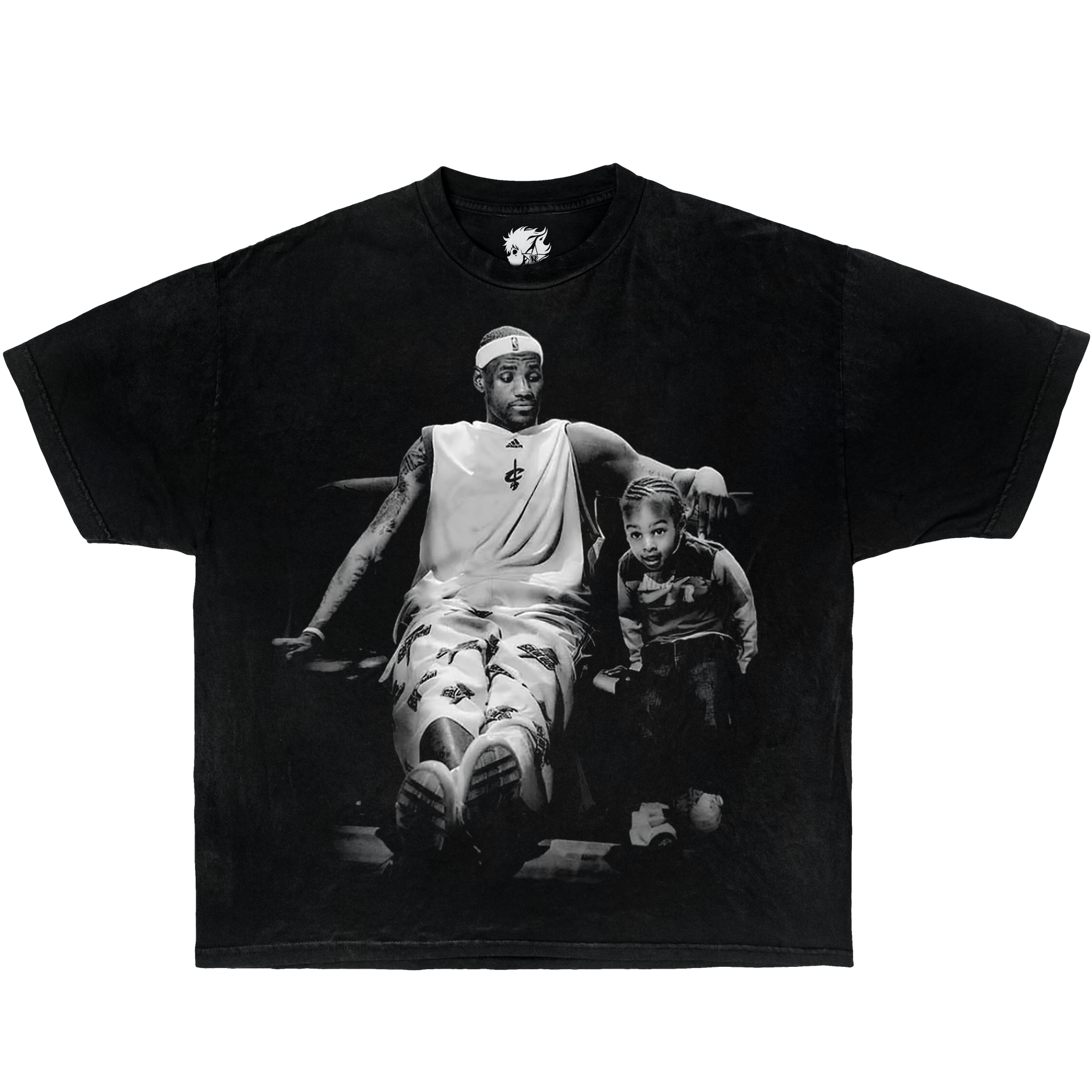Black vintage washed oversized boxy shirt of lebron james and bronny james shirt.
