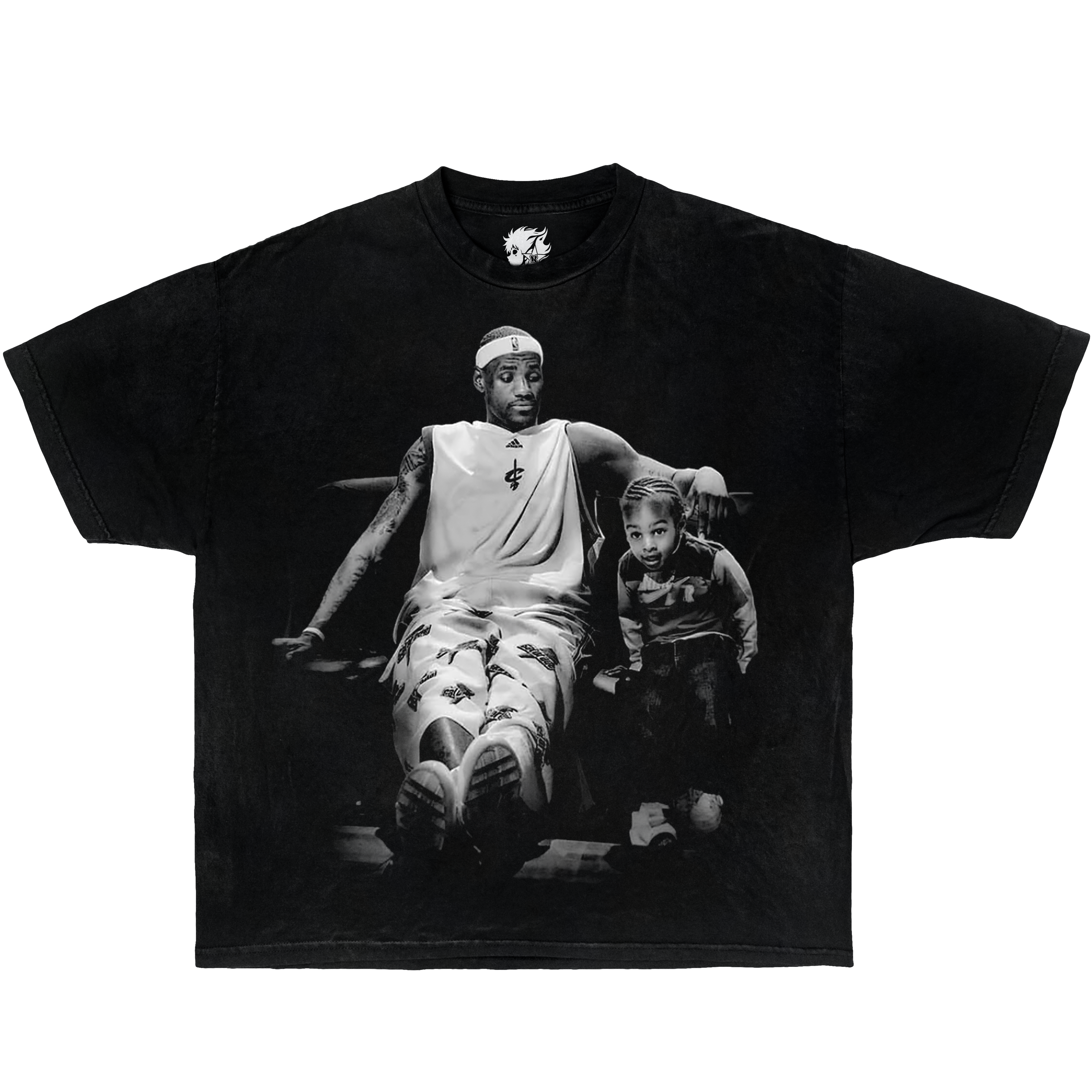 Black vintage washed oversized boxy shirt of lebron james and bronny james shirt.