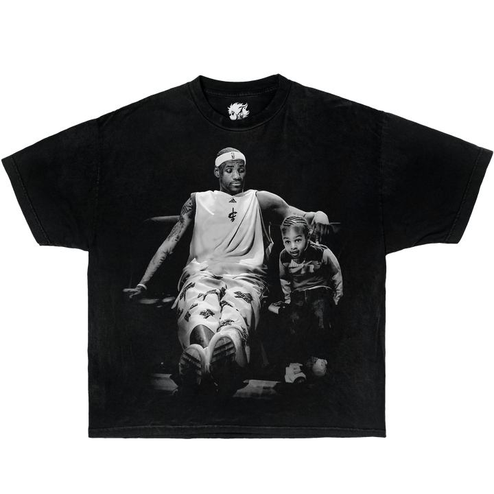 Black vintage washed oversized boxy shirt of lebron james and bronny james shirt.