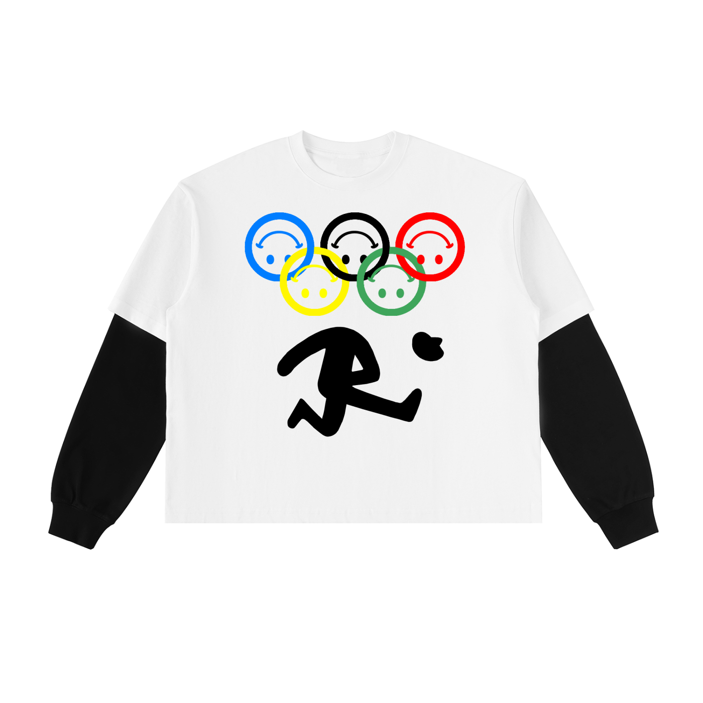 White sweatshirt with Olympic rings and running figure design on a white background