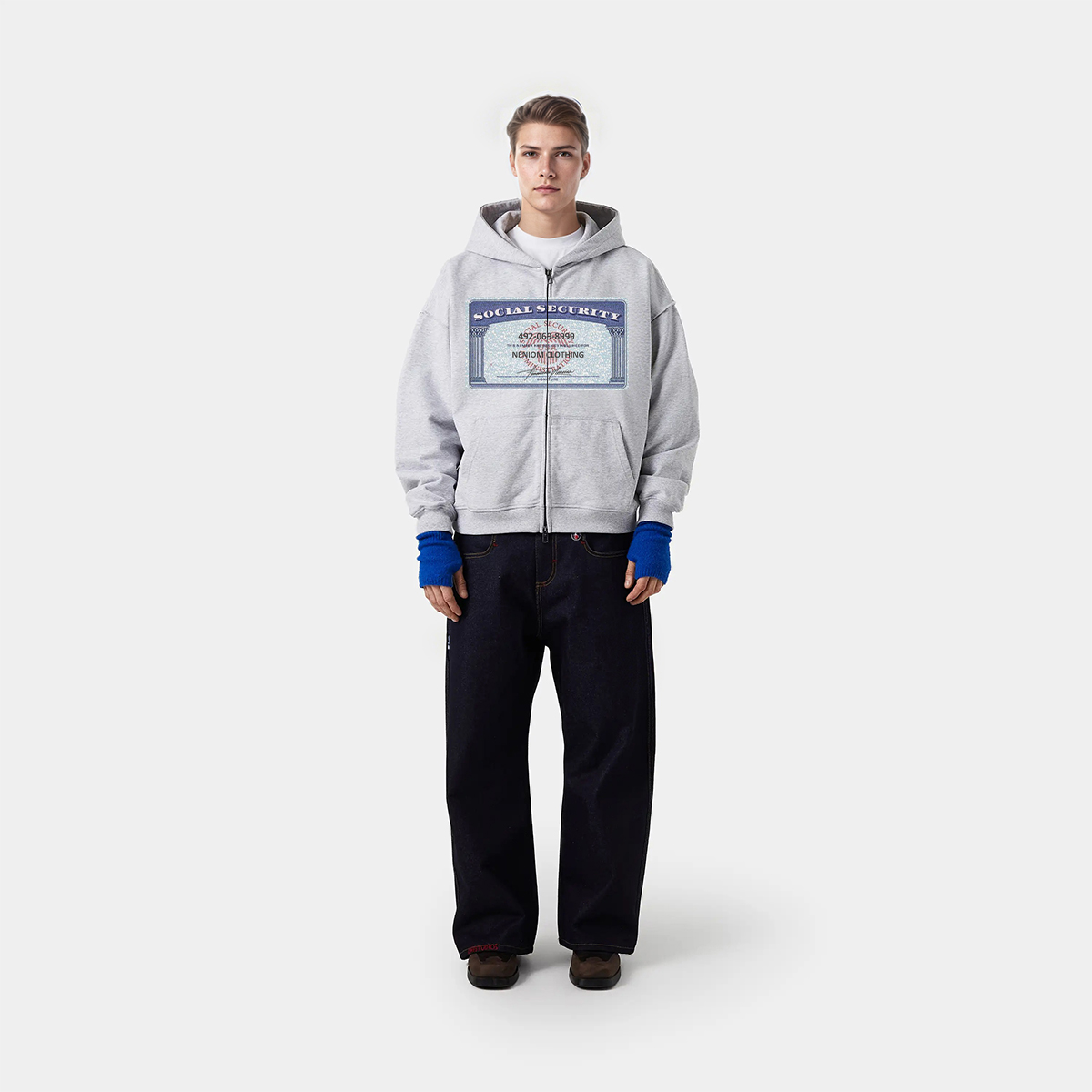 Social Security Card Unisex Cropped Double-Zip Boxy Hoodie | Streetwear Hoodies | Y2K Hoodies | Graphic Zip Up Hoodies |