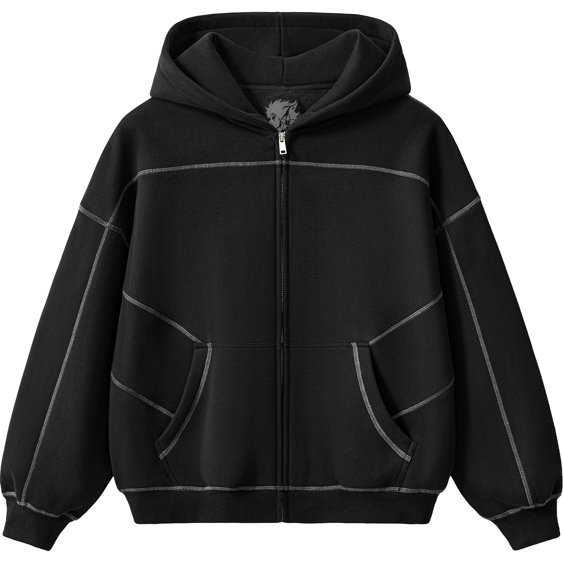 Phantom Core Black Tracksuit Contrast-Stitched Boxy Fleece Zip Up Hoodie Streetwear Y2K