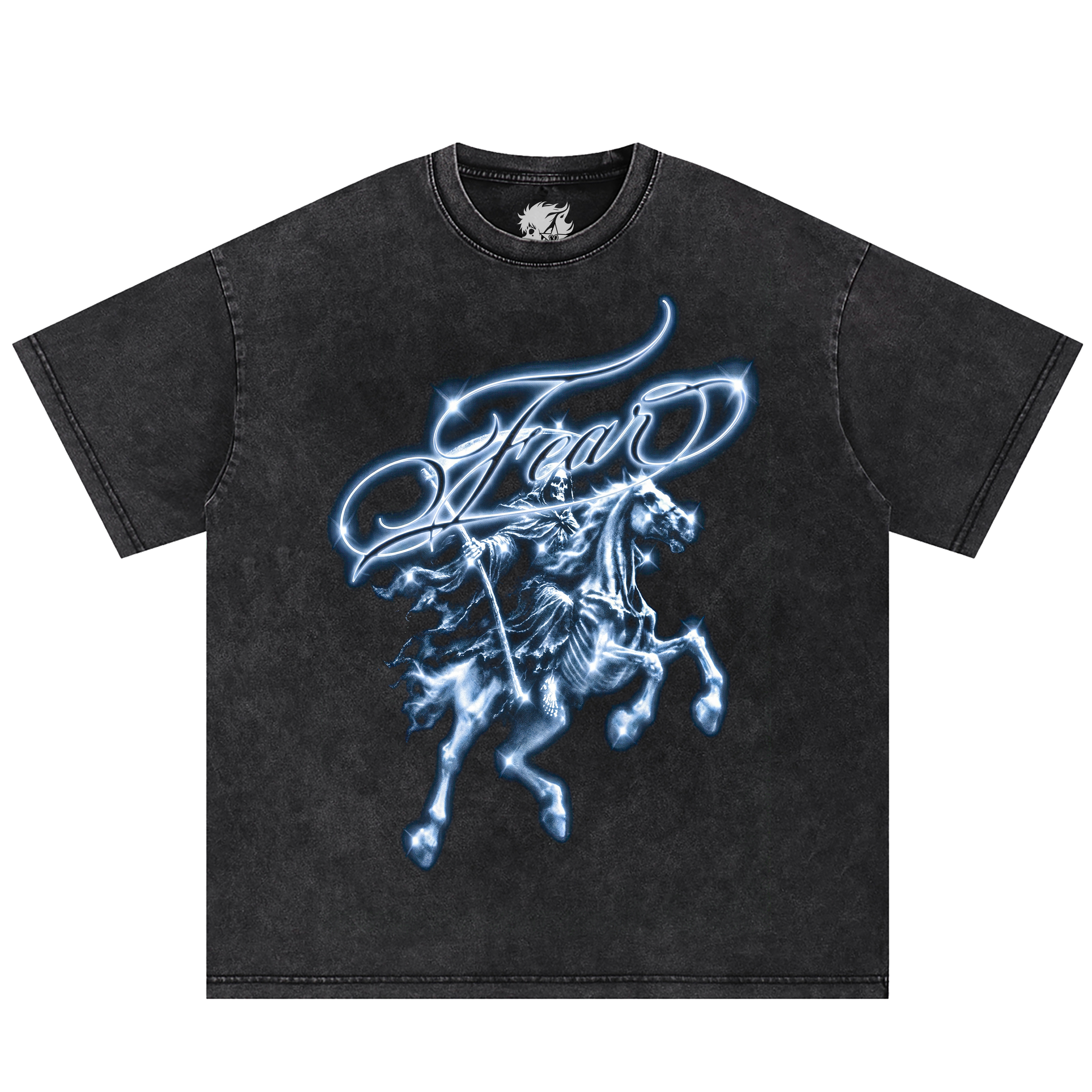 Phantom Rider Fear Tee Shirt by Neniom, black graphic tee with rider on horseback.