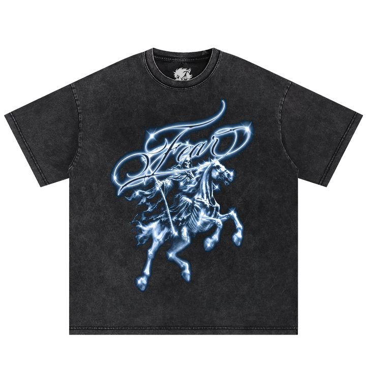 Phantom Rider Fear Tee Shirt by Neniom, black graphic tee with rider on horseback.