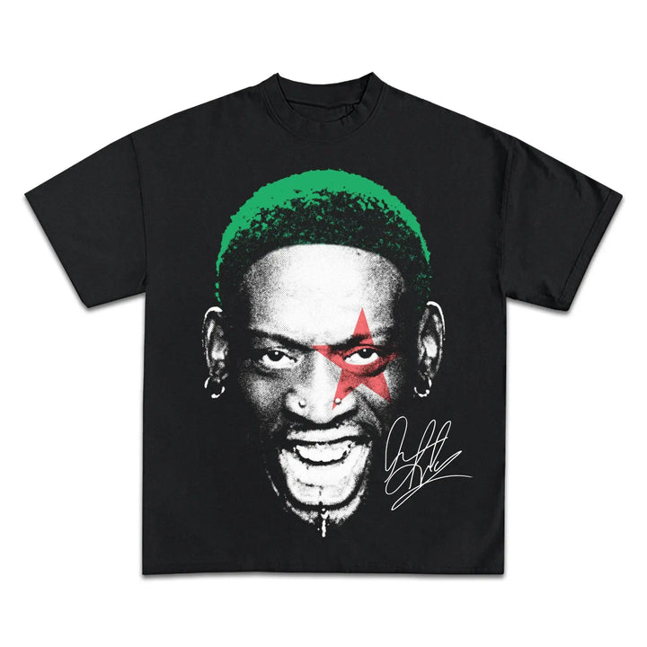 Black t-shirt with a graphic of a face with green hair and a red star, on a white background. Dennis rodman shirt, vintage boxy washed oversized
