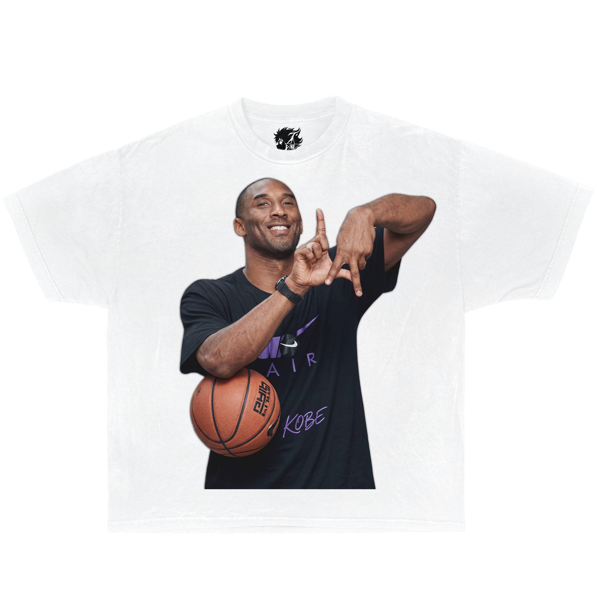 Person wearing a black t-shirt with a graphic of a famous basketball player, holding a basketball. kobe bryant LA fingers
