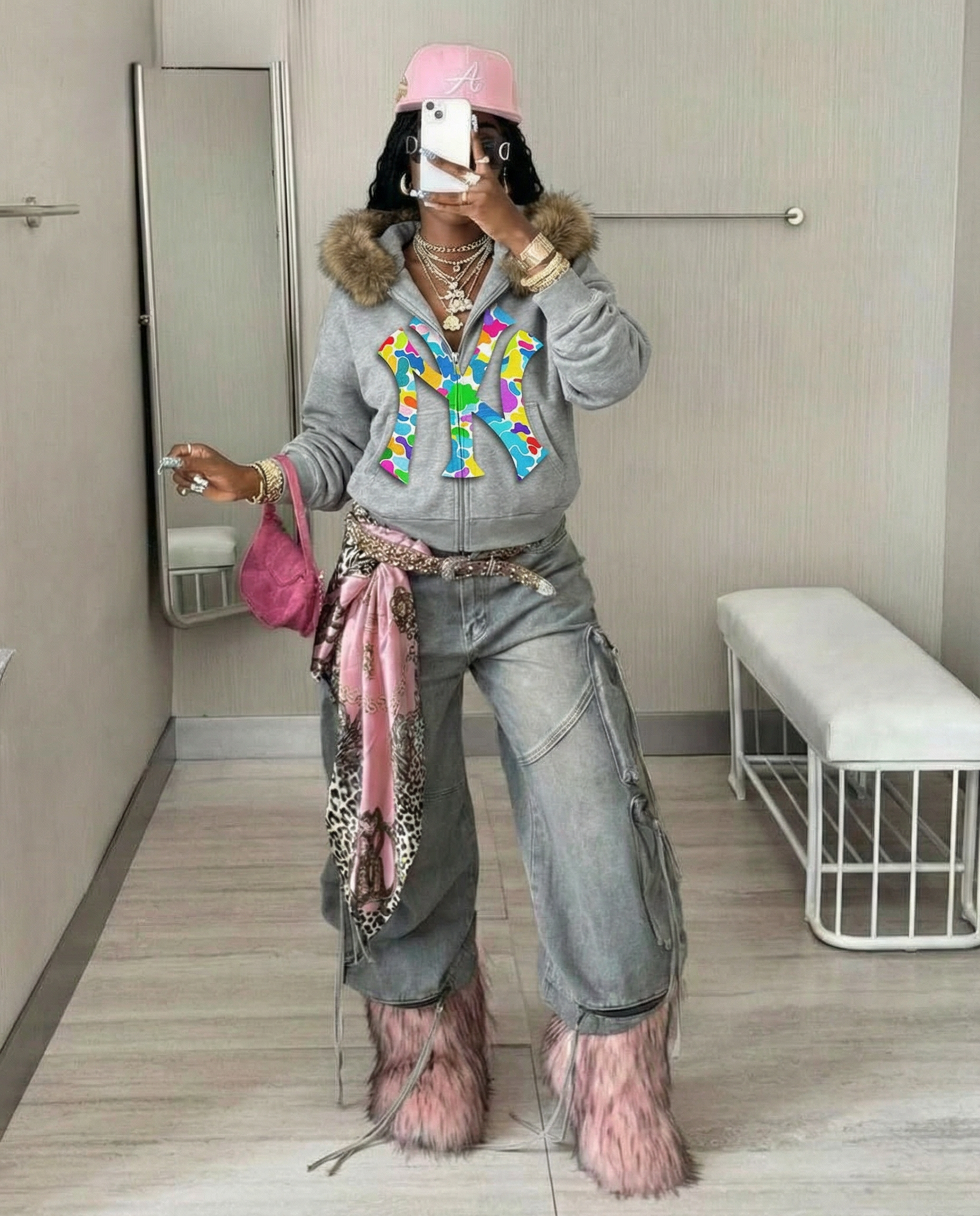 NY Uptown Skyline Fur Detachable Zip Up Hoodie Y2K Loose Fit Cropped