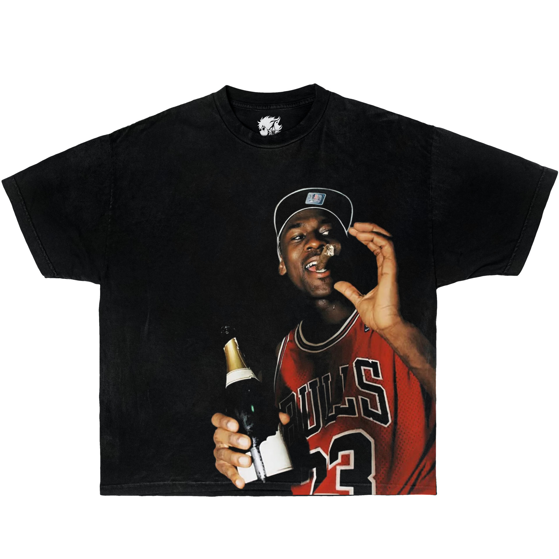 Black t-shirt with a graphic of a person in a Bulls jersey holding a bottle. NBA BULLS MICHAEL JORDAN VINTAGE BOXY OVERSIZED SHIRT