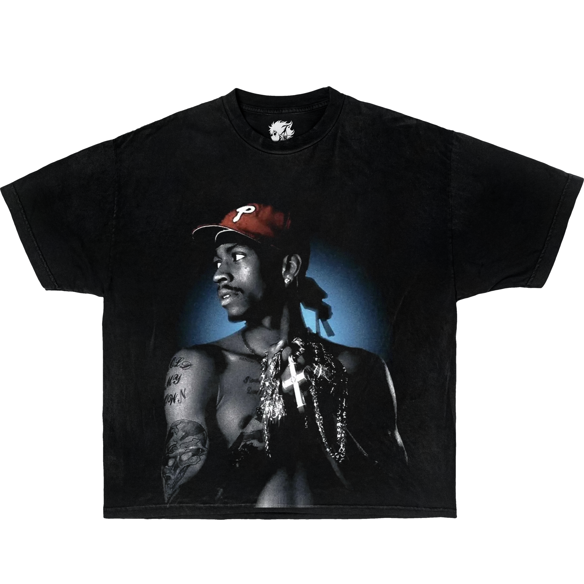 Black t-shirt with a graphic of Allen Iverson wearing a red cap and chains on a white background. Vintage Oversized Boxy Shirt Of Allen Iverson AI