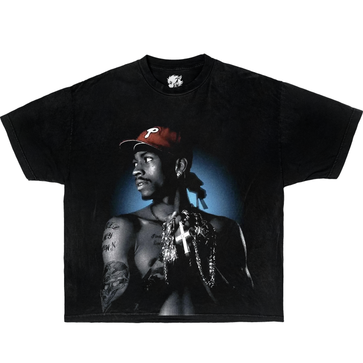 Black t-shirt with a graphic of Allen Iverson wearing a red cap and chains on a white background. Vintage Oversized Boxy Shirt Of Allen Iverson AI