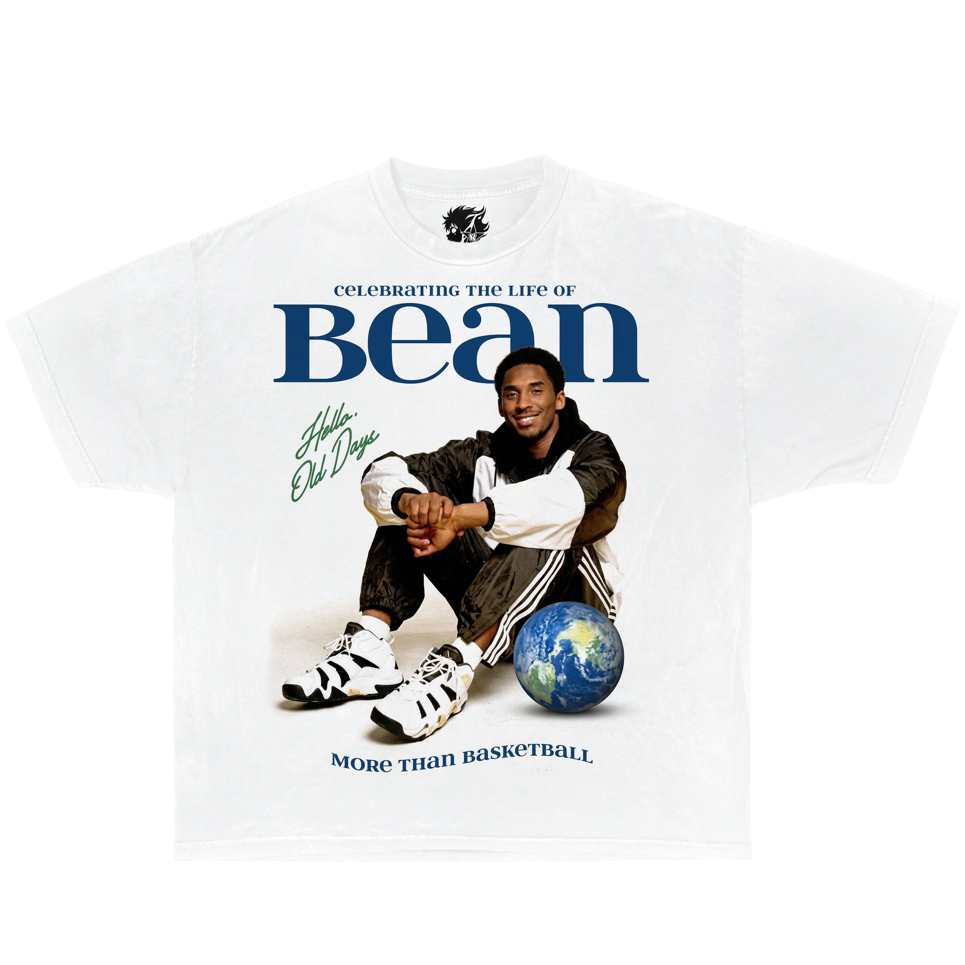 White Graphic Basketball T-shirt with Kobe Bryant sitting on a globe and text celebrating 'The Life of Bean'.