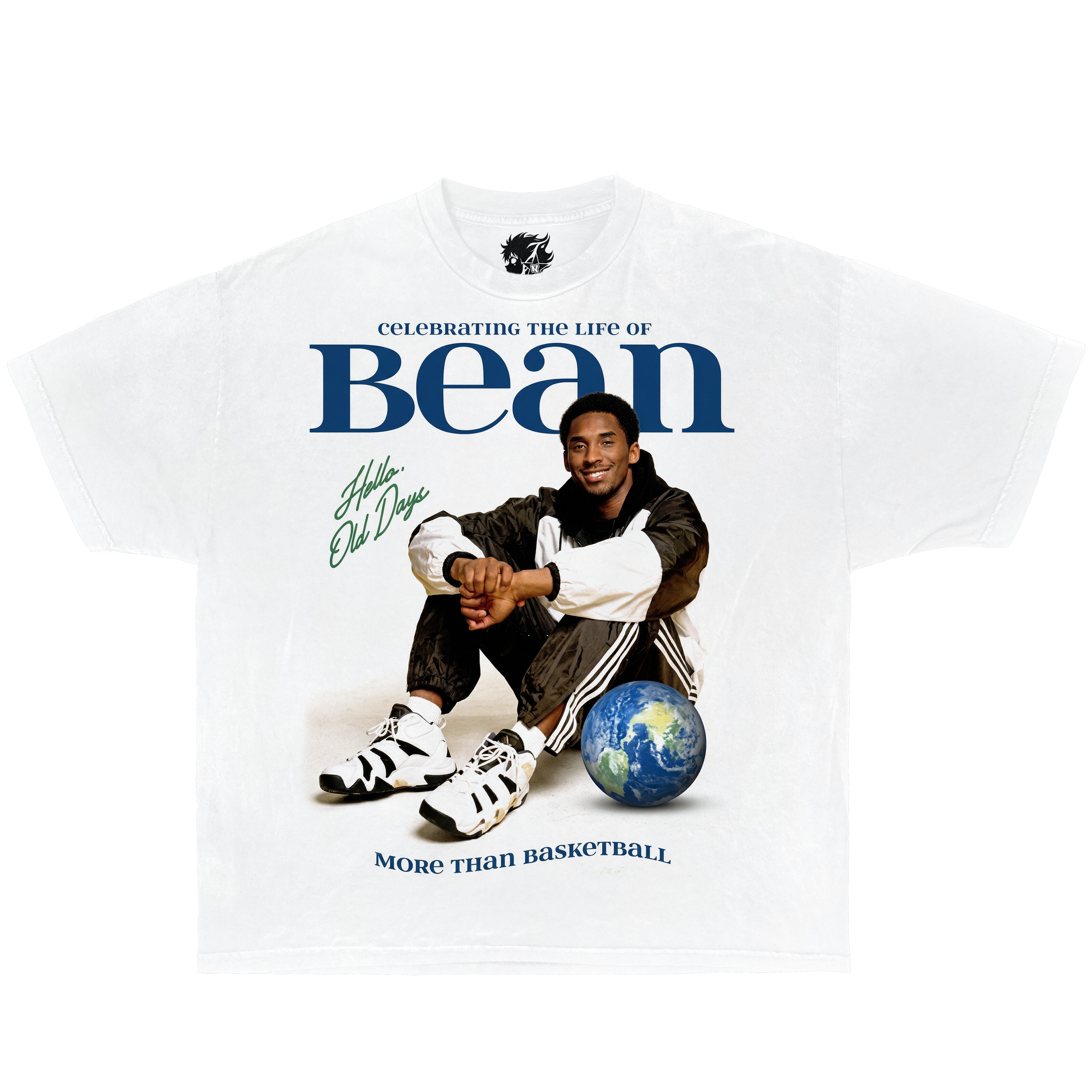 White Graphic Basketball T-shirt with Kobe Bryant sitting on a globe and text celebrating 'The Life of Bean'.