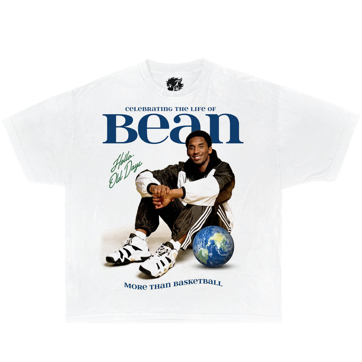 White Graphic Basketball T-shirt with Kobe Bryant sitting on a globe and text celebrating 'The Life of Bean'.