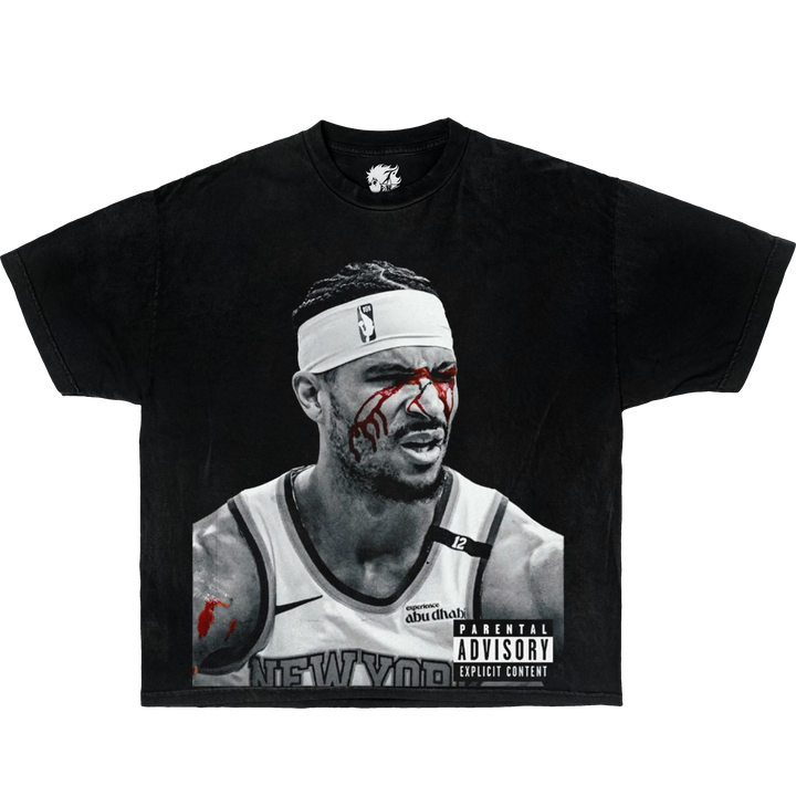 Black t-shirt with graphic design of a basketball player and 'Parental Advisory' label on a white background. Josh Hart Vintage Oversized Boxy Shirt