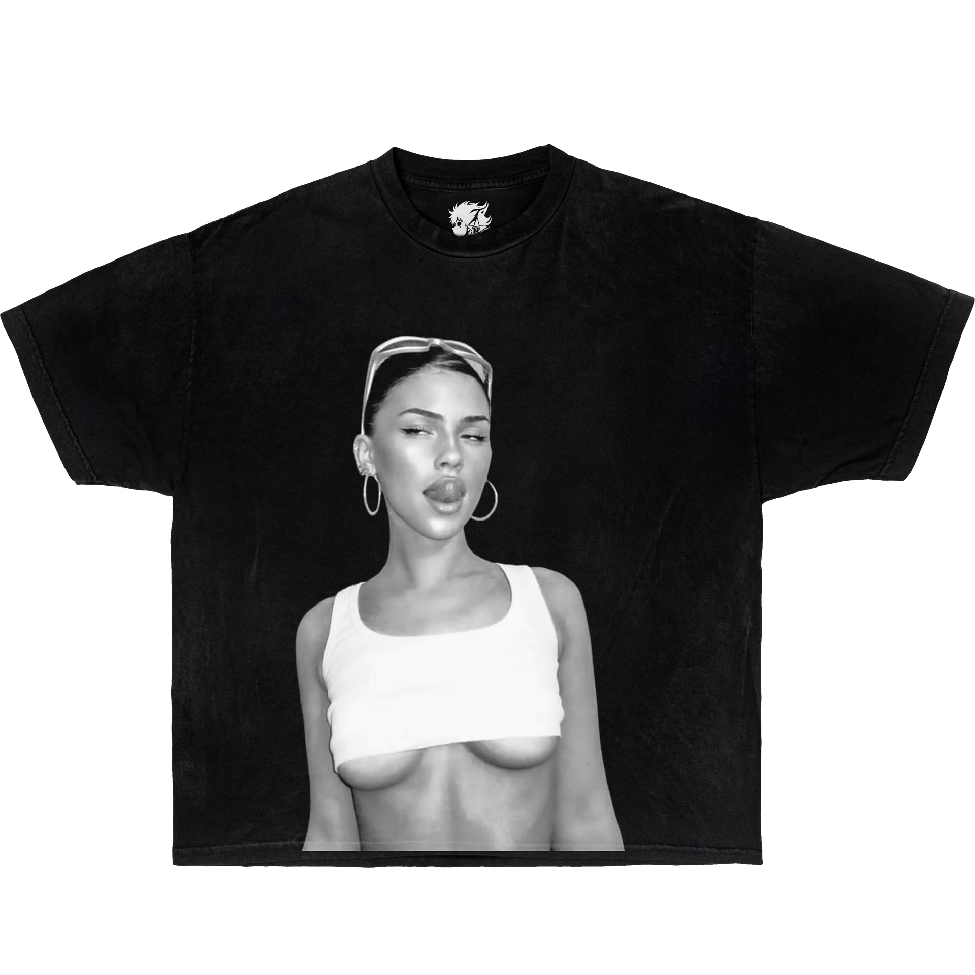 Black t-shirt with a graphic of a person wearing a white top and headband on a white background. Vintage Oversized Boxy Shirt Of Leah Halton