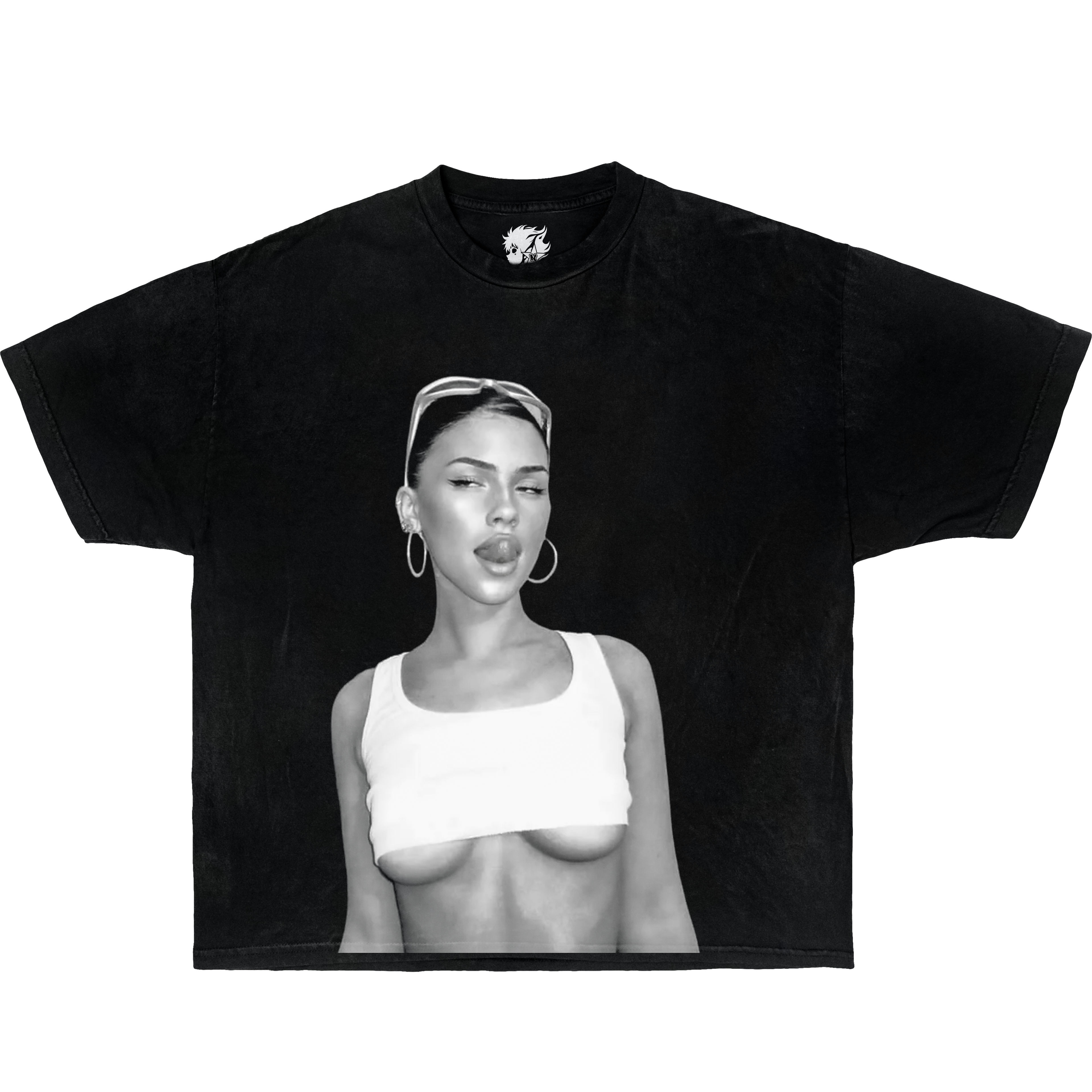 Black t-shirt with a graphic of a person wearing a white top and headband on a white background. Vintage Oversized Boxy Shirt Of Leah Halton