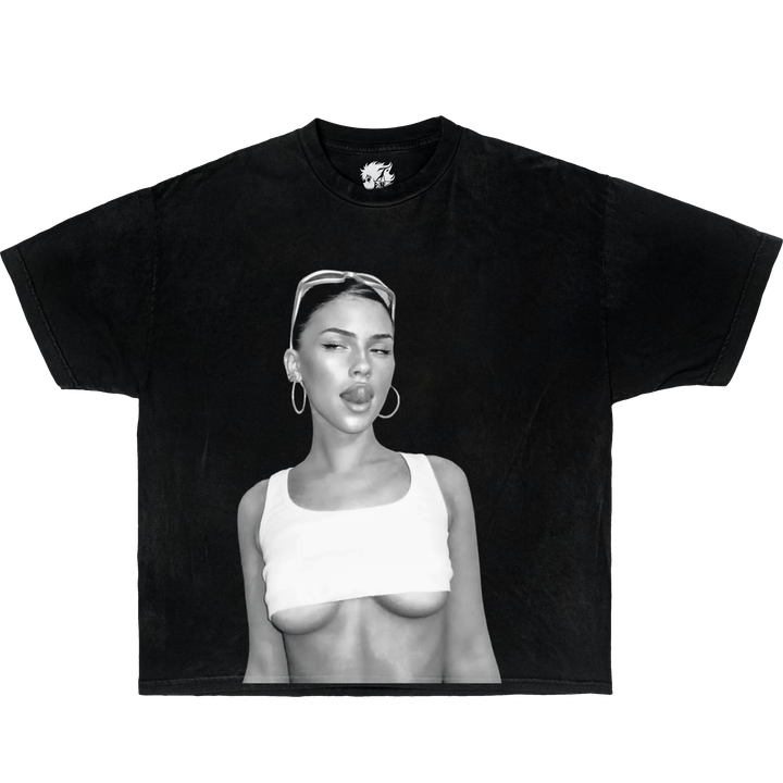 Black t-shirt with a graphic of a person wearing a white top and headband on a white background. Vintage Oversized Boxy Shirt Of Leah Halton