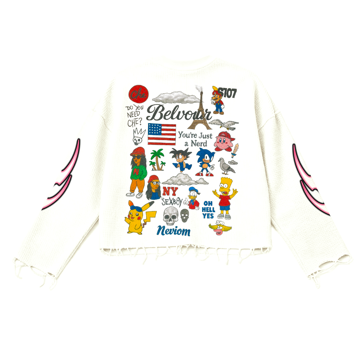 Rebel Riot Cartoon Archive Thermal Cropped Long Sleeve Shirt Oversized Fit Streetwear