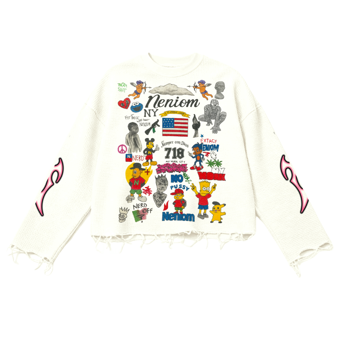 Rebel Riot Cartoon Archive Thermal Cropped Long Sleeve Shirt Oversized Fit Streetwear