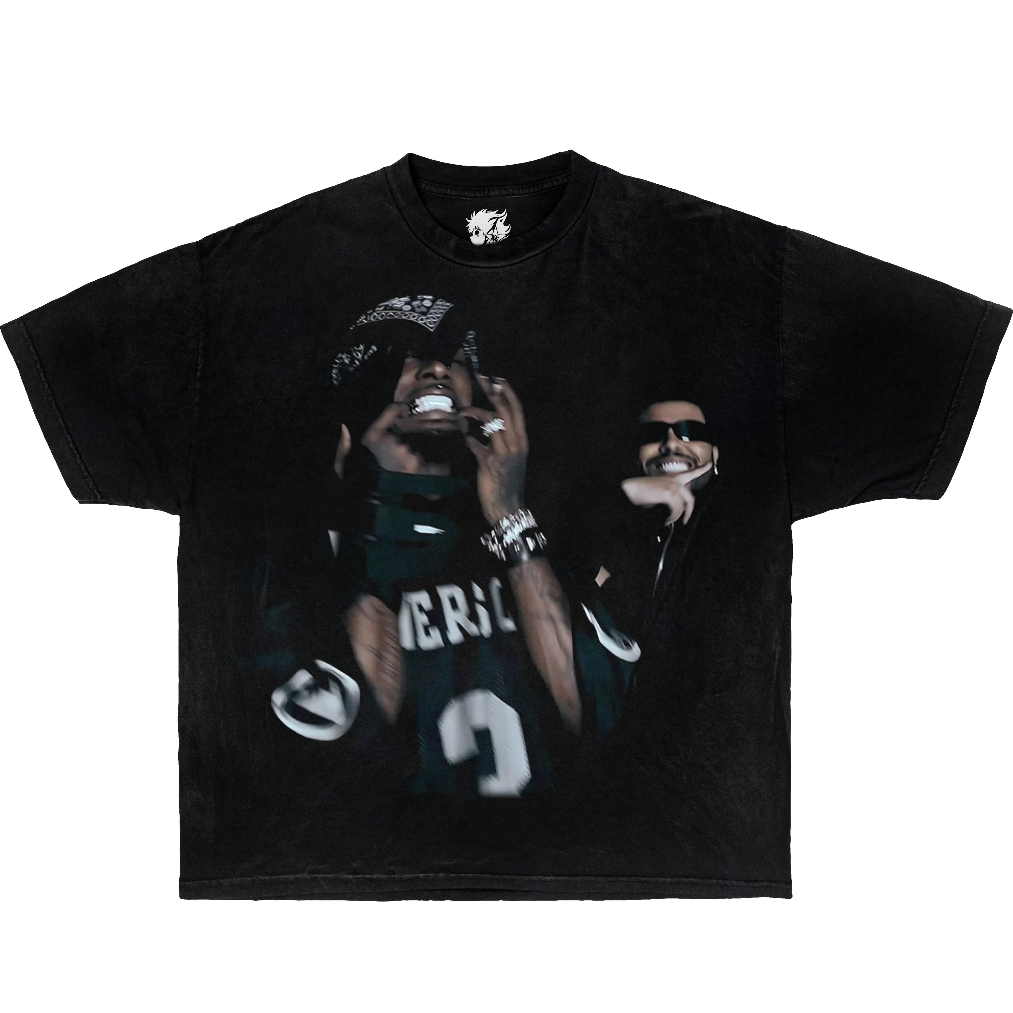 Black t-shirt with graphic of a person in a sports jersey and cap on a white background. Vintage Oversized Boxy Shirt Of Playboi Carti & The Weeknd