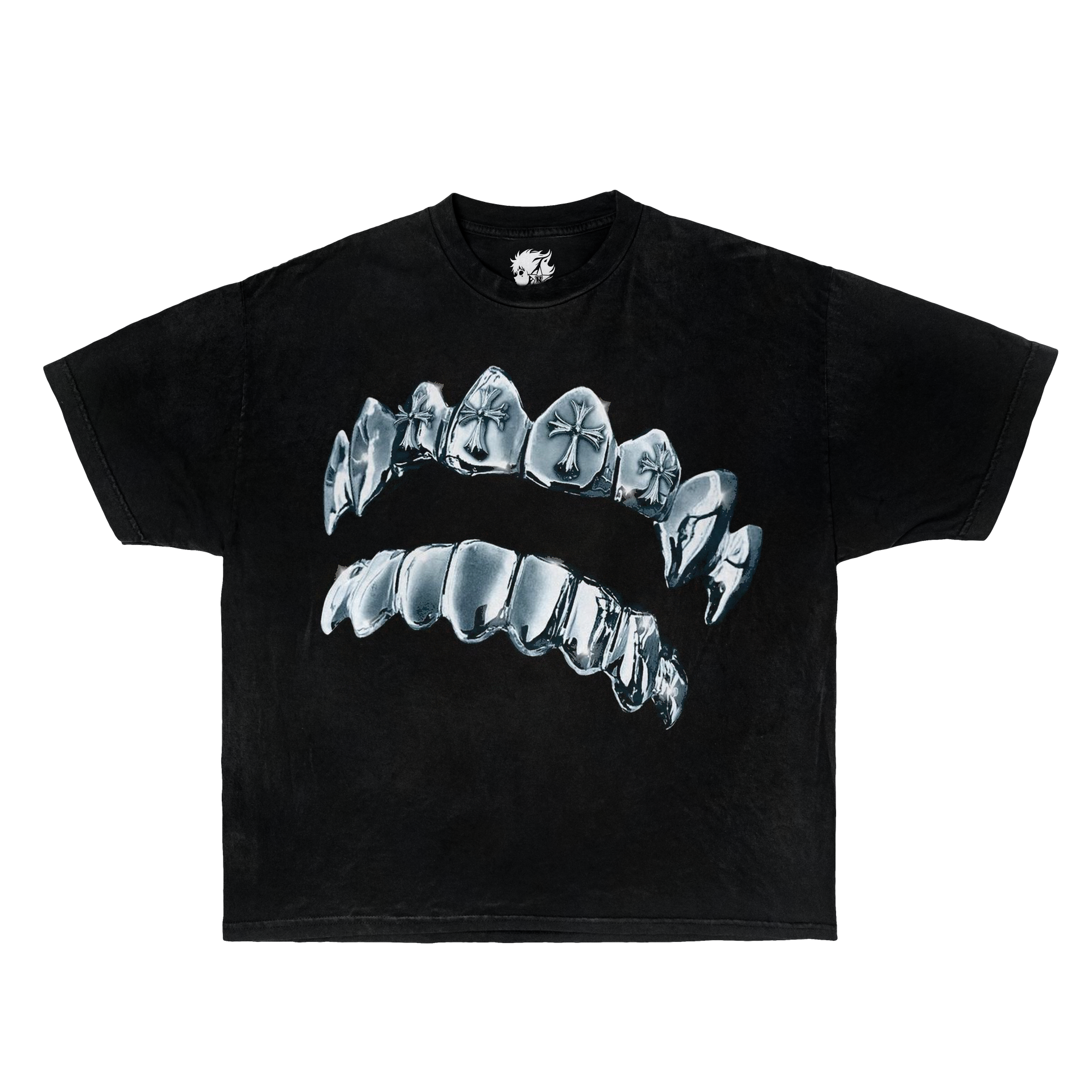 y2k streetwear t shirt

chrome grillz shirt

oversized black graphic tee

iced out graphic shirt

gothic streetwear clothing

unisex streetwear tee

y2k chrome shirt

trendy urban fashion top

rapper grillz graphic tee

hype streetwear brand shirt
