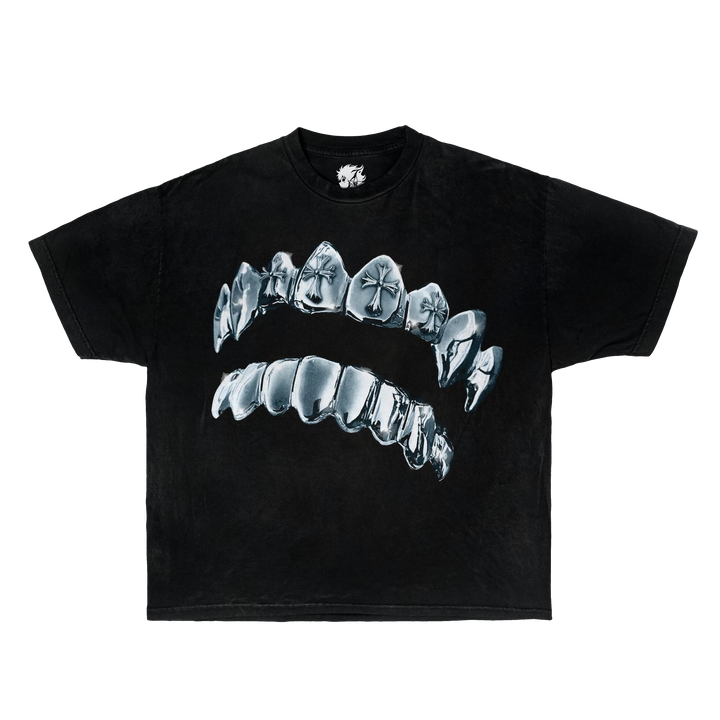 y2k streetwear t shirt

chrome grillz shirt

oversized black graphic tee

iced out graphic shirt

gothic streetwear clothing

unisex streetwear tee

y2k chrome shirt

trendy urban fashion top

rapper grillz graphic tee

hype streetwear brand shirt