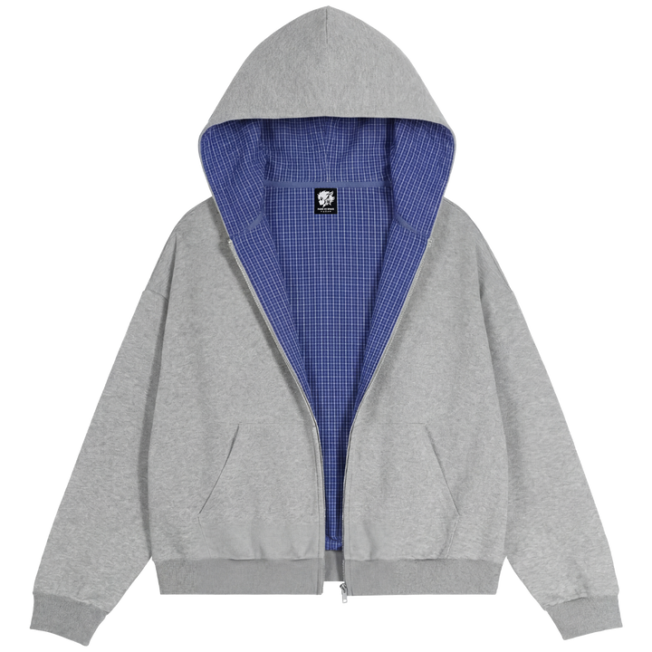 Lazy Boy Contrast Plaid Boxy Zip Up Gray Hoodie - Neniom