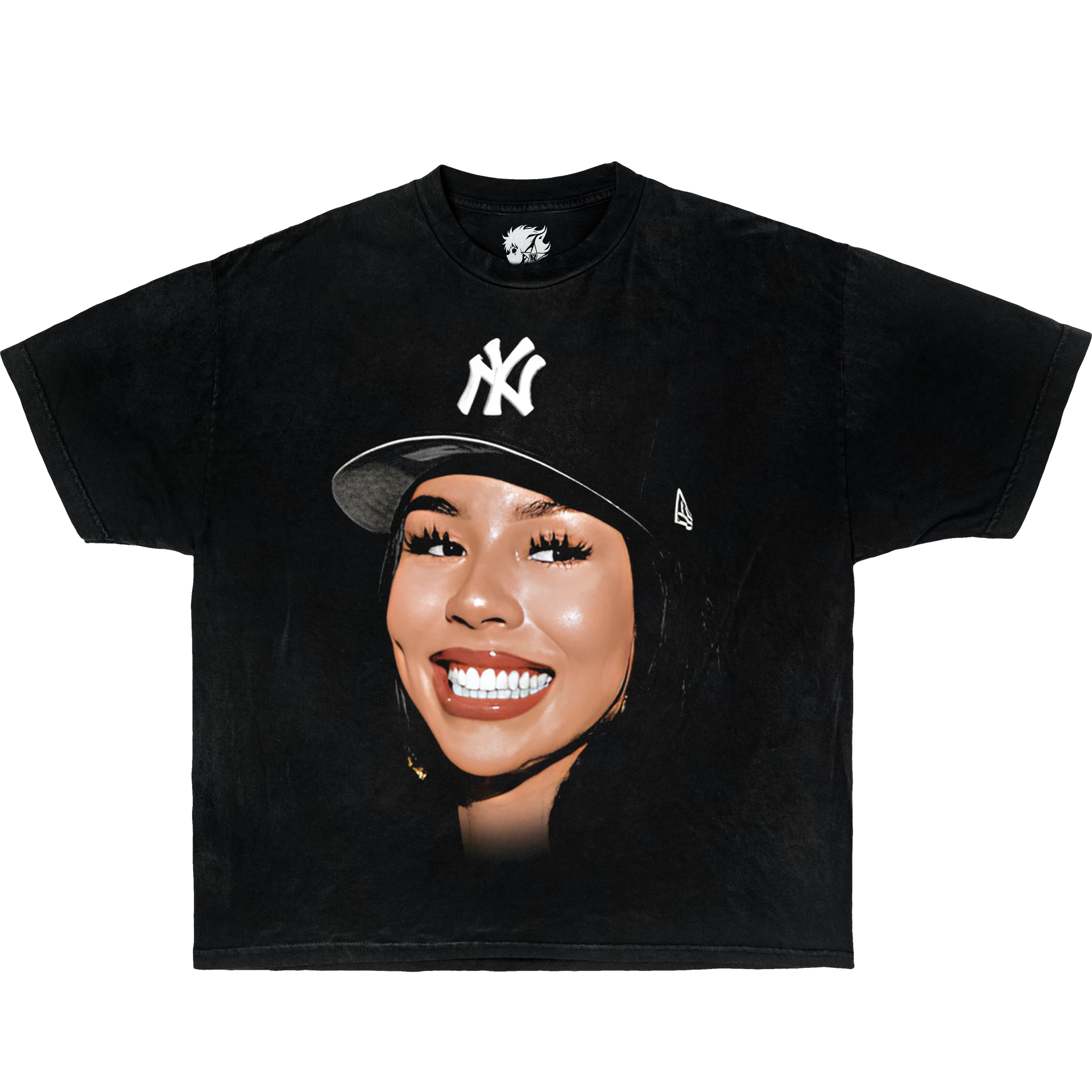 Black t-shirt with a graphic of Mariah The Scientist wearing a NYC cap and New York Yankees logo on a white background.