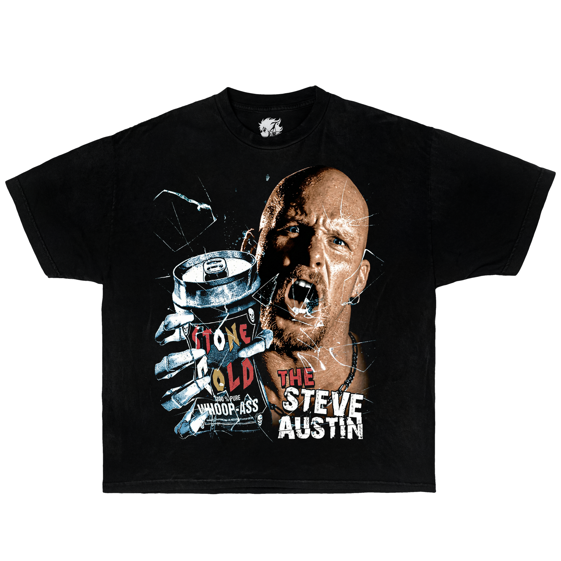 Black t-shirt with graphic design of steve austin stone cold holding a can, labeled 'Stone Cold Steve Austin'
