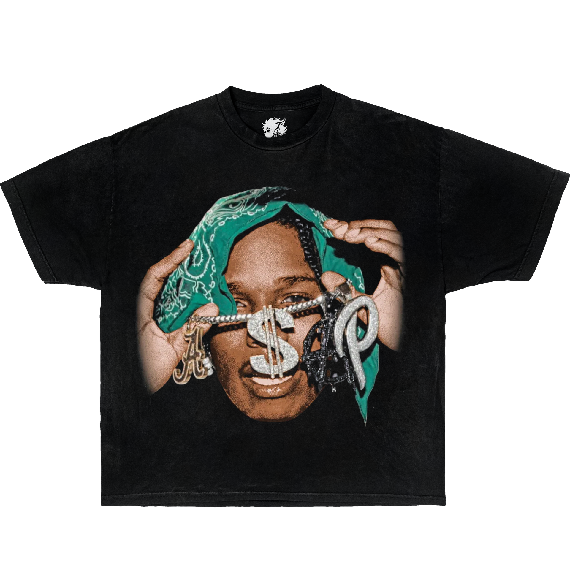 Black t-shirt with graphic of a person wearing a green bandana and holding chains with letters on a white background. ASAP ROCKY Vintage Boxy Oversized T Shirt