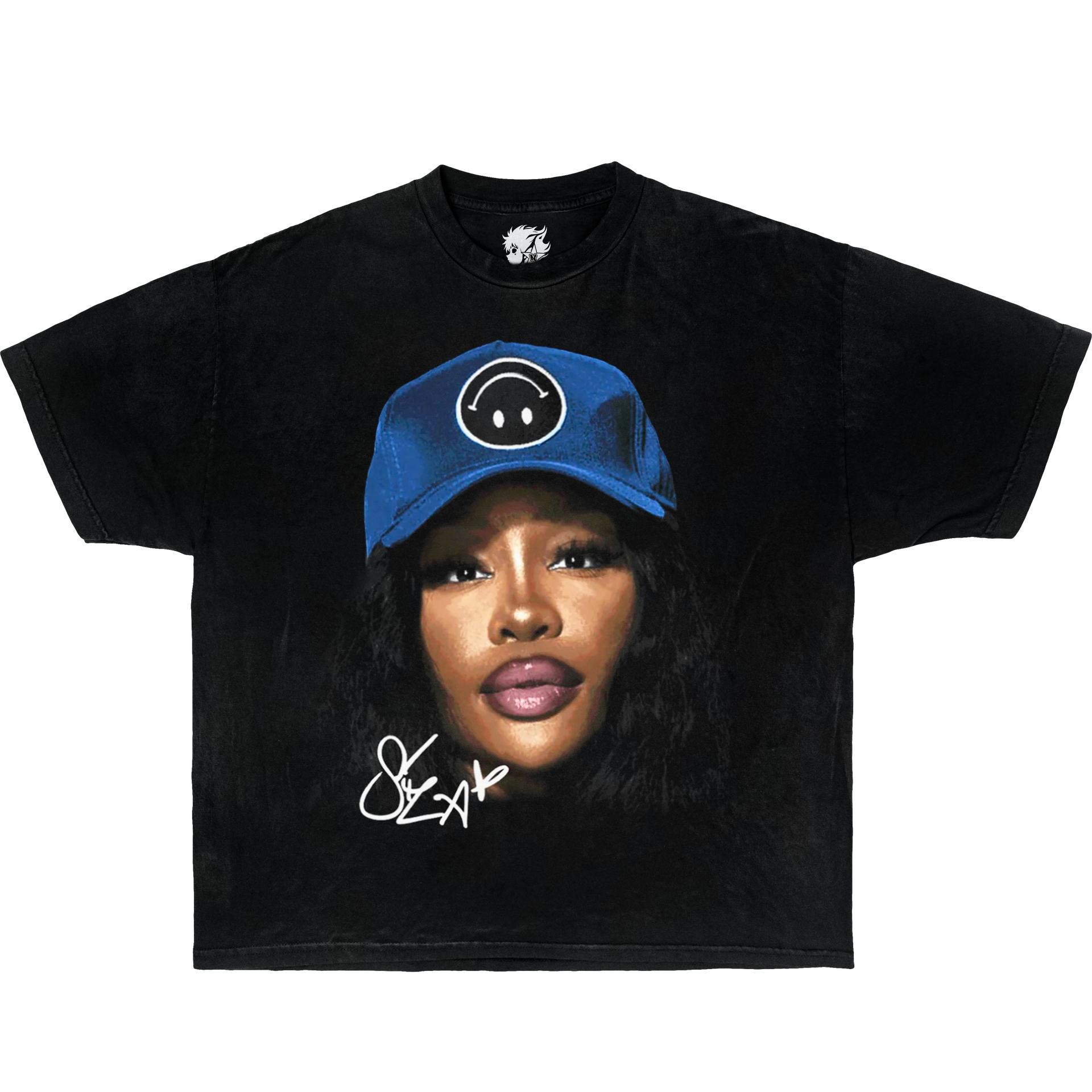 Black t-shirt with a graphic of a person wearing a blue cap and signature on a white background. SZA Vintage Black Oversized T Shirt