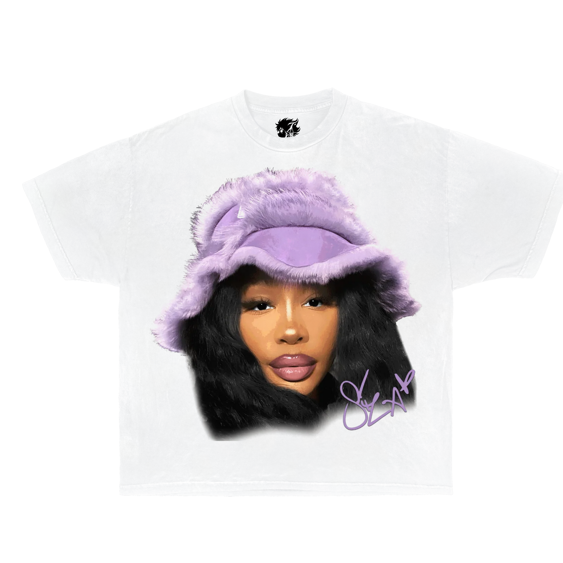 White t-shirt with a graphic of a person wearing a purple fur hat and black text on a white background. SZA Vintage Boxy Oversized Shirt